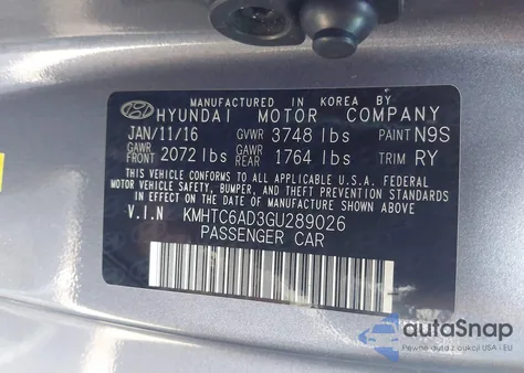 2016 Hyundai Veloster z USA, uszkodzony, nr VIN KMHTC6AD3GU289026